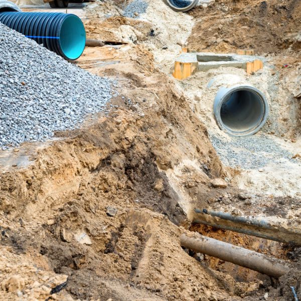 Big pipe or tube for water sewer on construction site during road repair